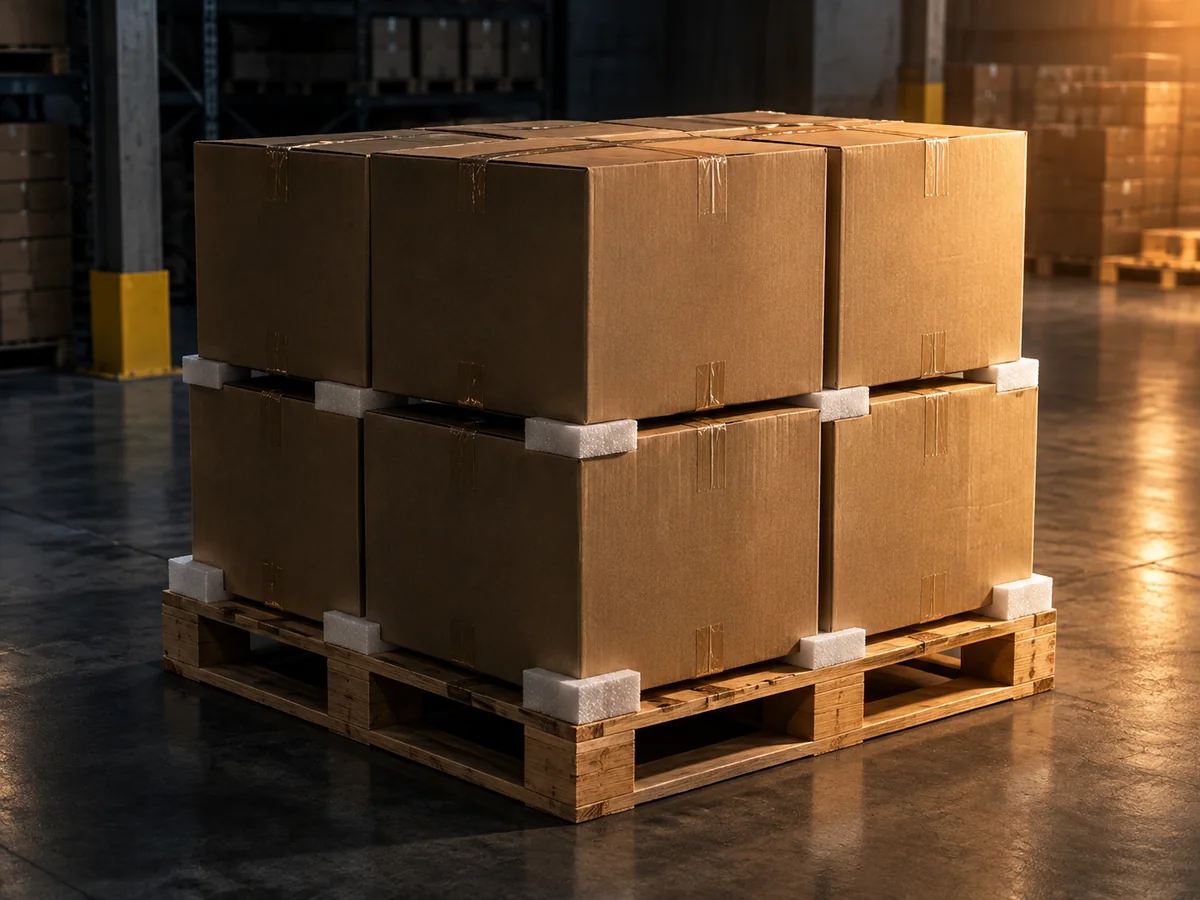 Home Cartons stacked on a pallet with protective foam
