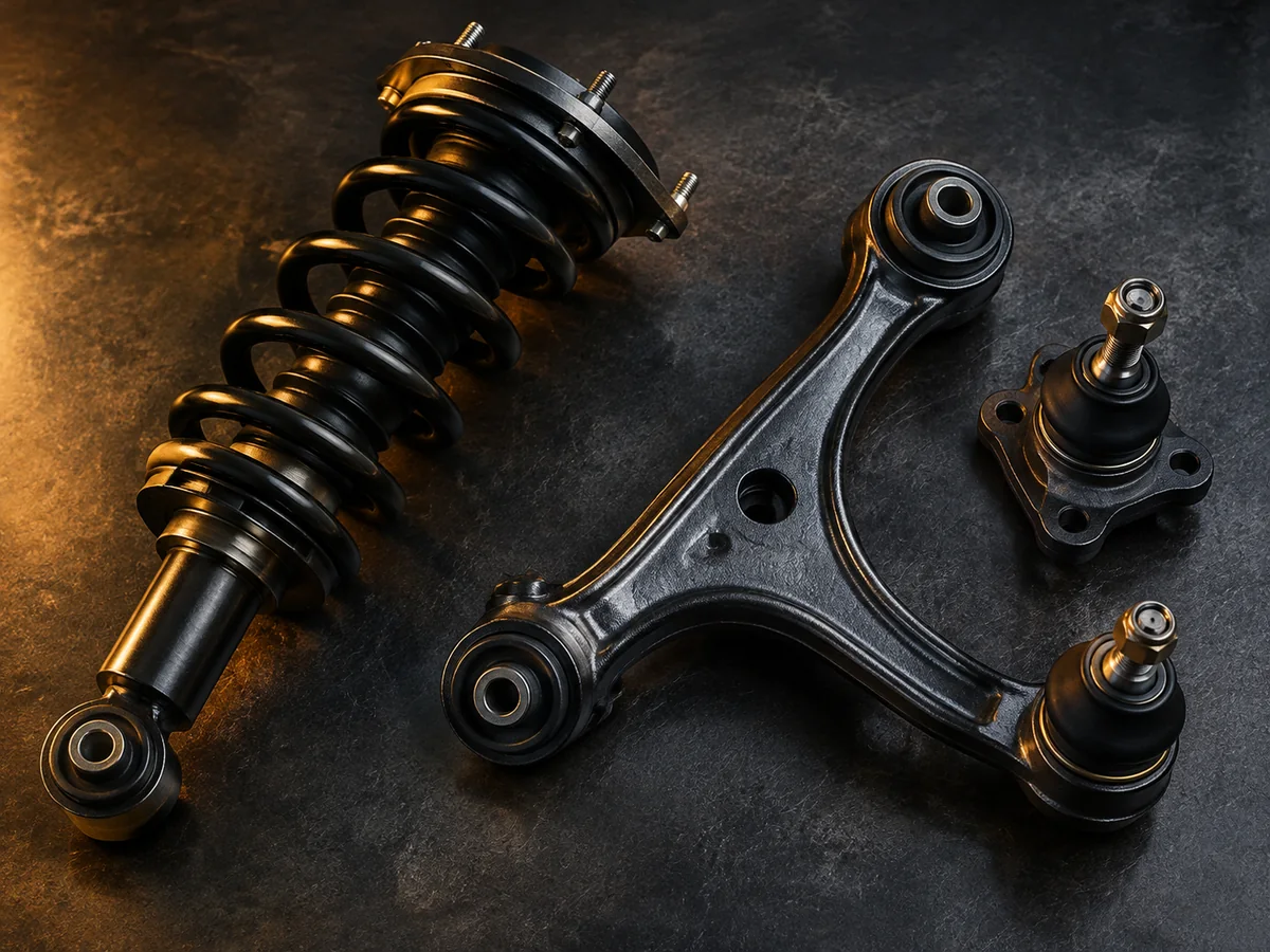 Home Shock absorber, spring and control arm laid out on steel