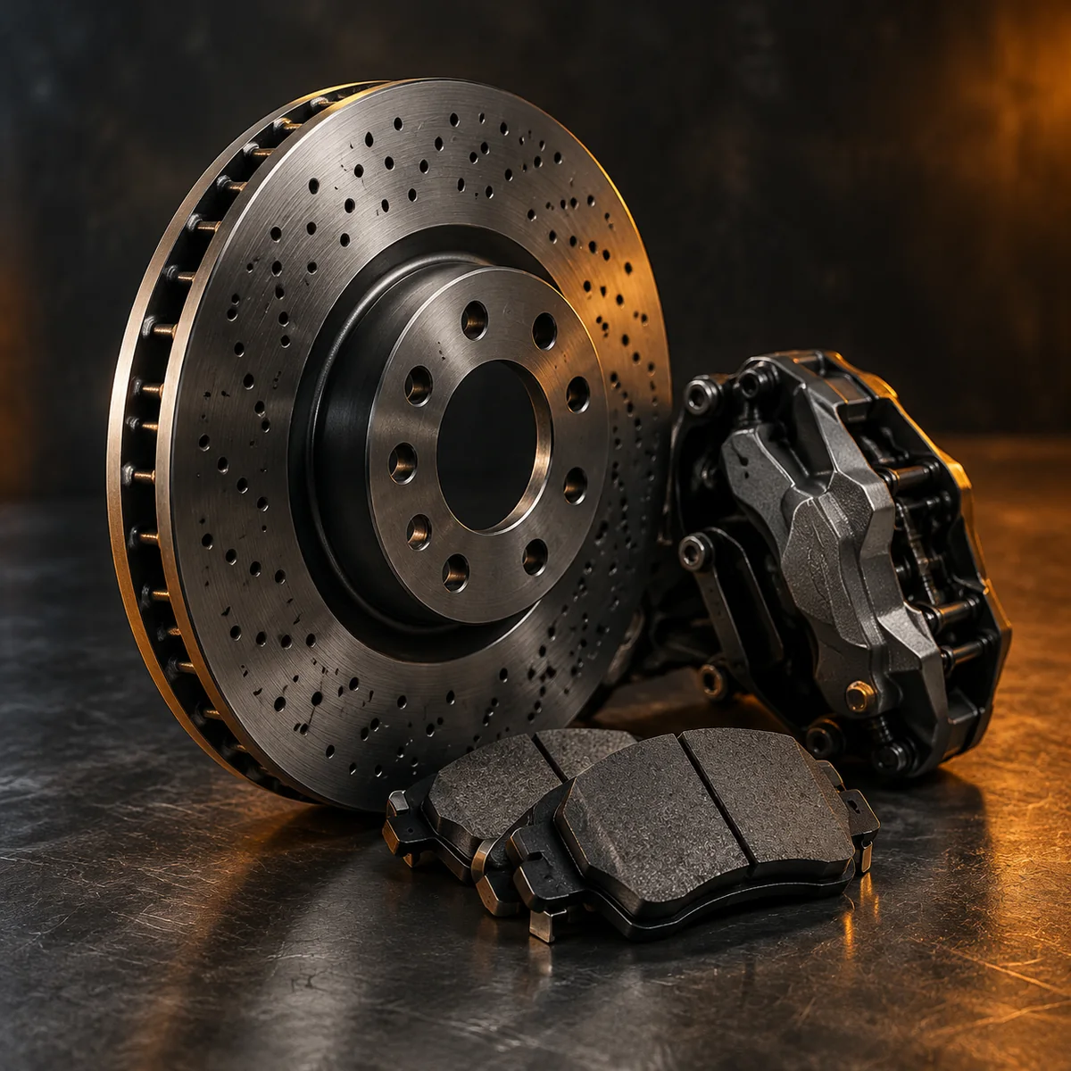 Vented brake disc, pads and caliper on a dark bench