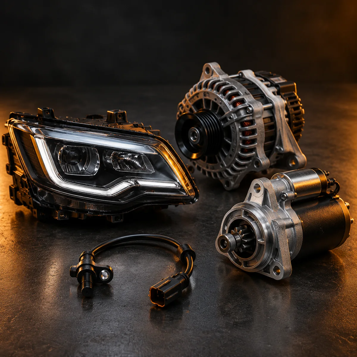 Headlight unit, alternator, ABS sensor and starter motor on steel