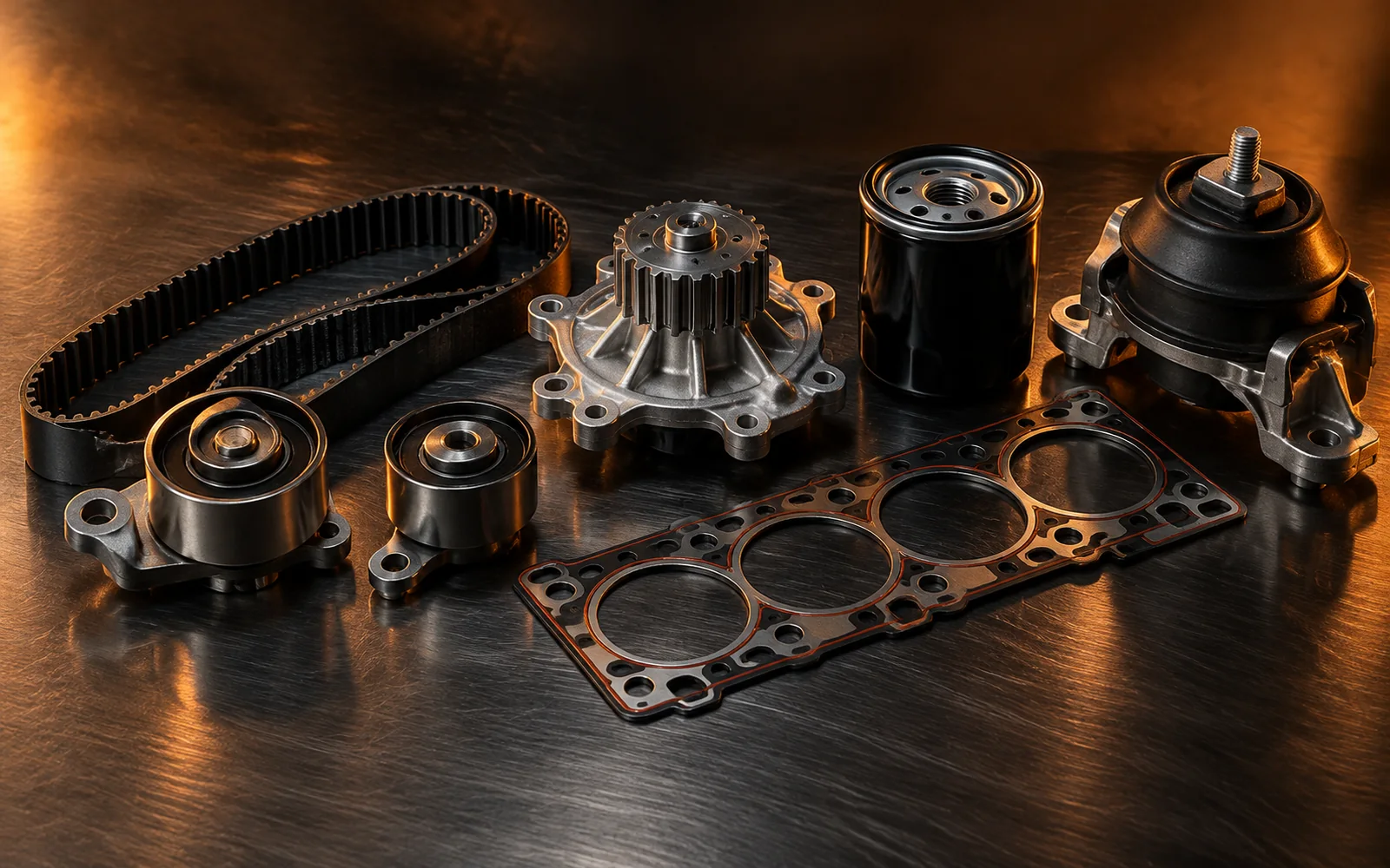 Timing belt kit, water pump, filters and engine mount on steel