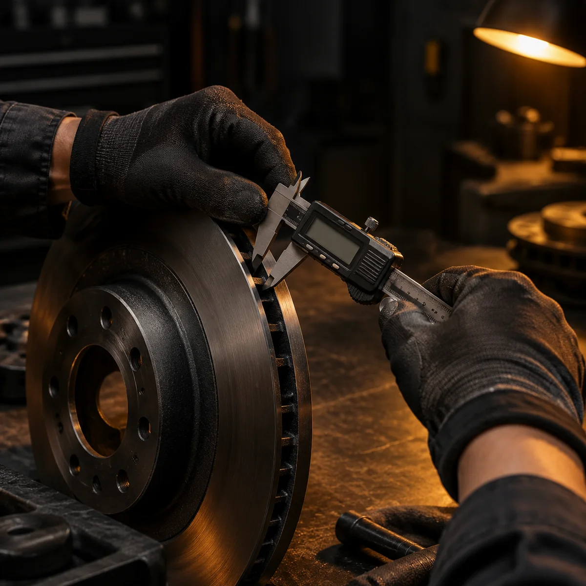 Gloved hands measuring a brake disc with a digital caliper