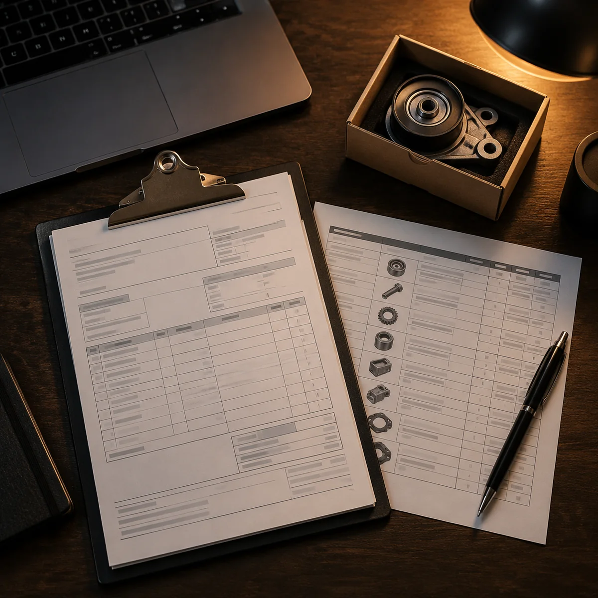 Export desk with commercial invoice, parts list and laptop